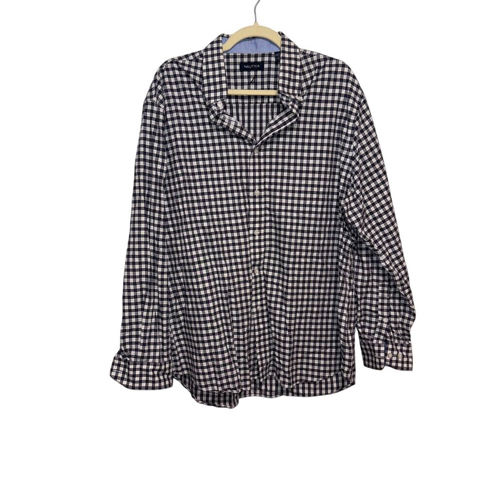 Nautica Mens Navy & White Checkered Long Sleeve Button-Up Shirt XL